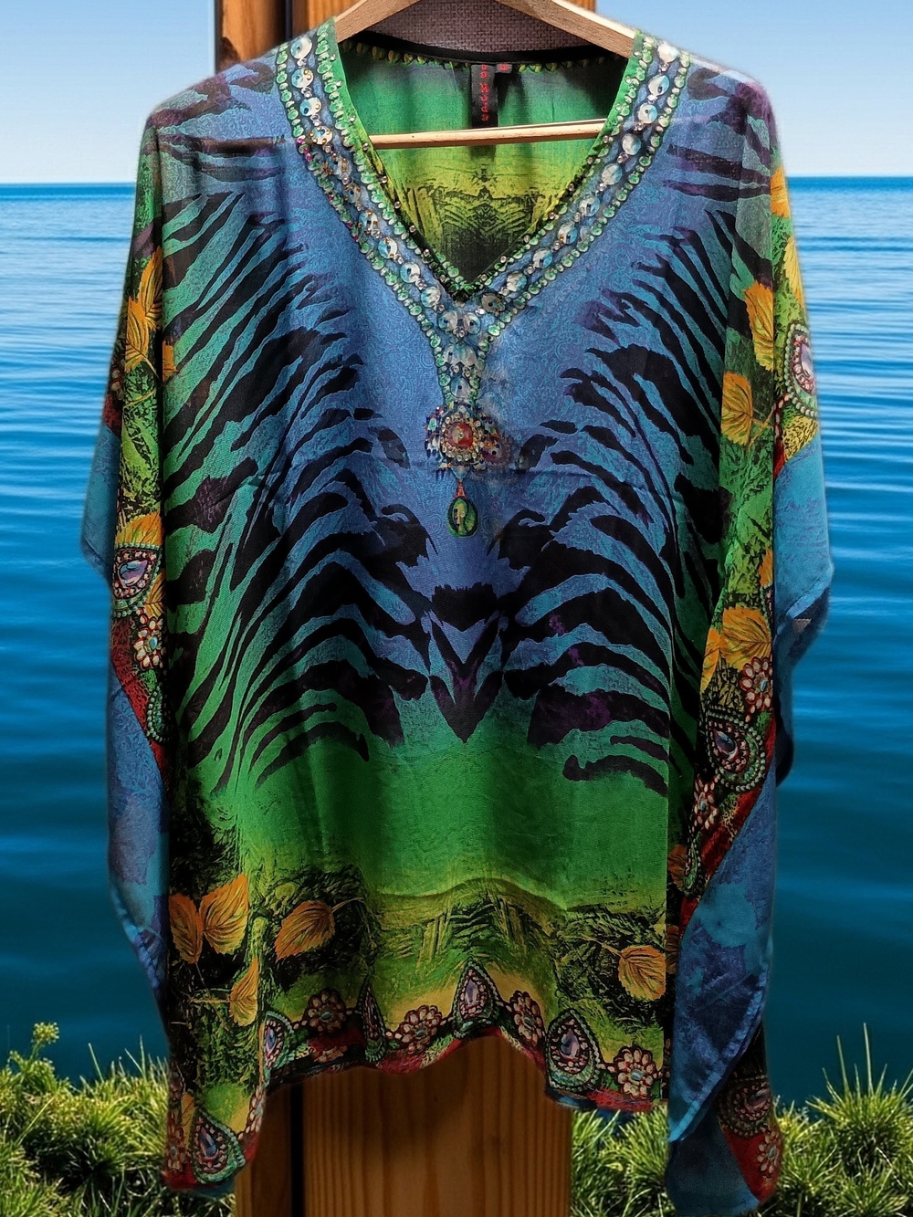 Vibrant Green & Blue Zebra-Print Women’s Swim Coverup By La Moda